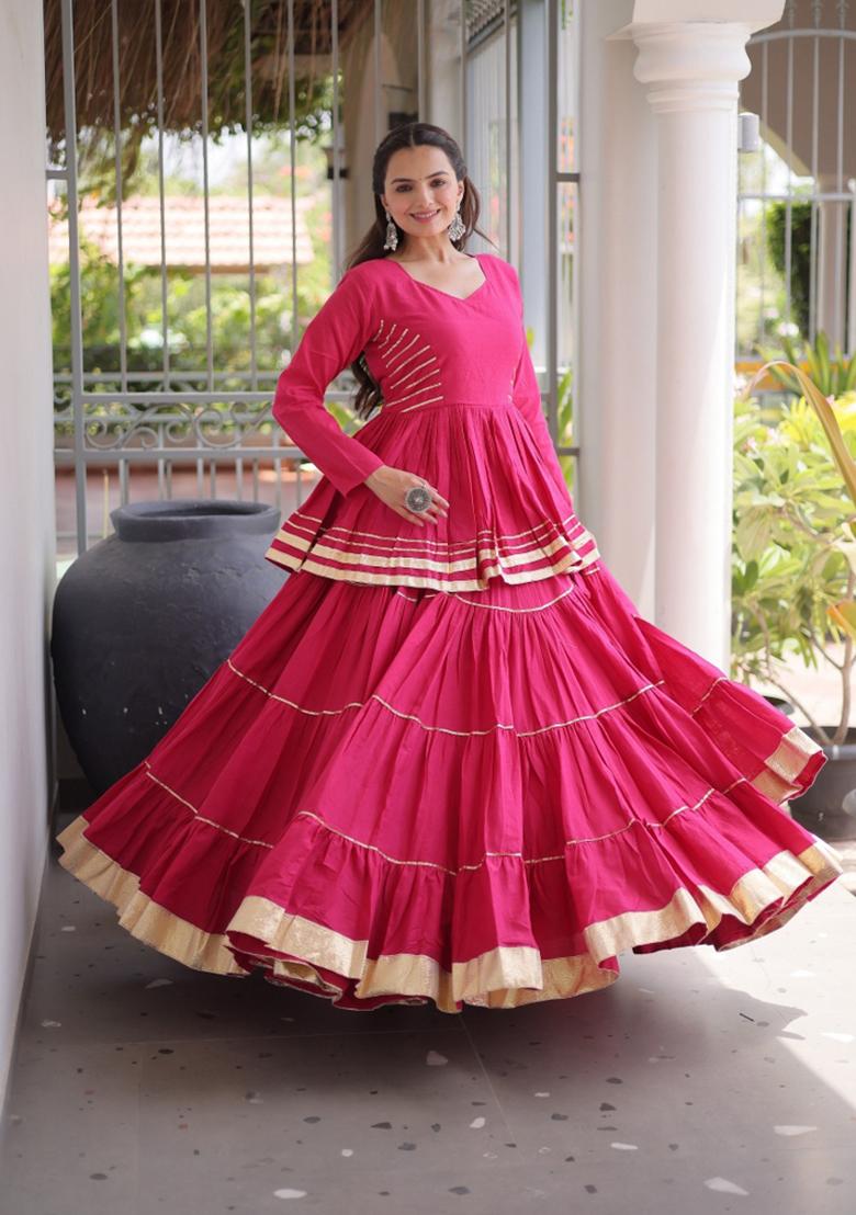 Pink Lace Work Cotton Lehenga Set - Indya
