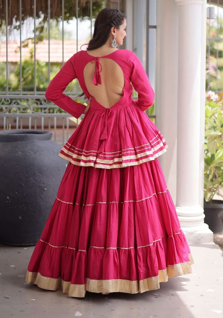 Pink Lace Work Cotton Chaniya Choli Set For Navratri And Garba - Indya