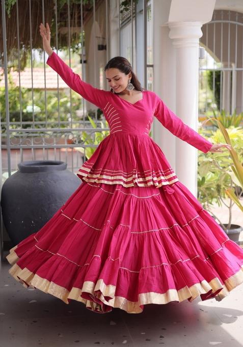 Pink Lace Work Cotton Chaniya Choli Set For Navratri And Garba