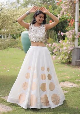 White Mirror Work Silk Lehenga Set