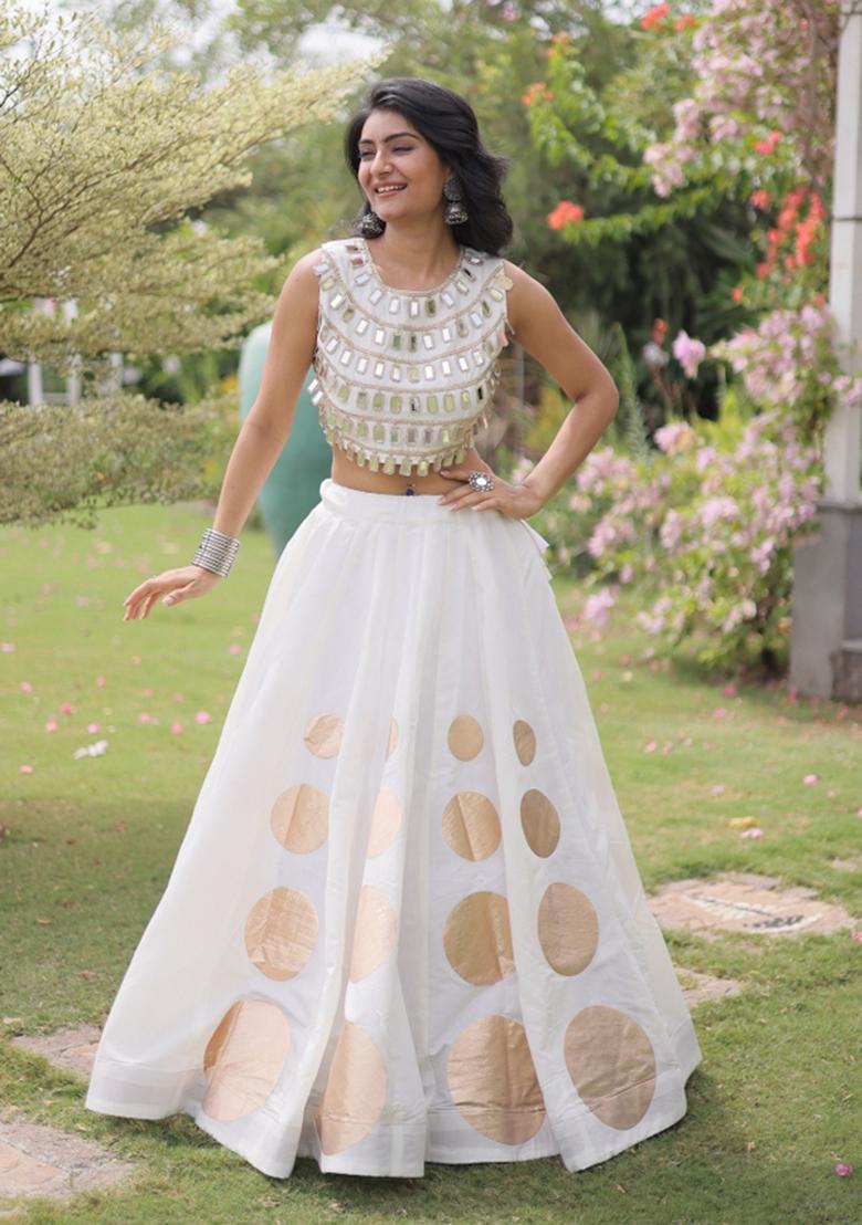 White Mirror Work Silk Lehenga Set - Indya