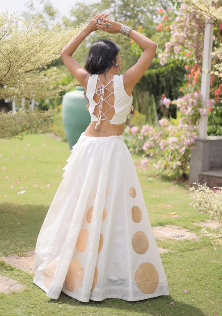 White Mirror Work Silk Chaniya Choli Set For Navratri And Garba - Indya