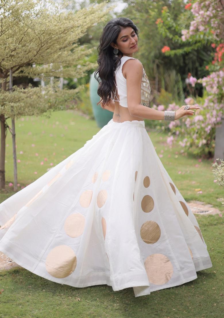 White Mirror Work Silk Lehenga Set - Indya