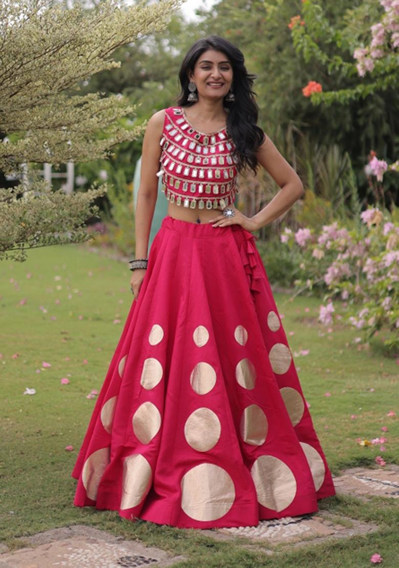 Pink Mirror Work Silk Lehenga Set - Indya