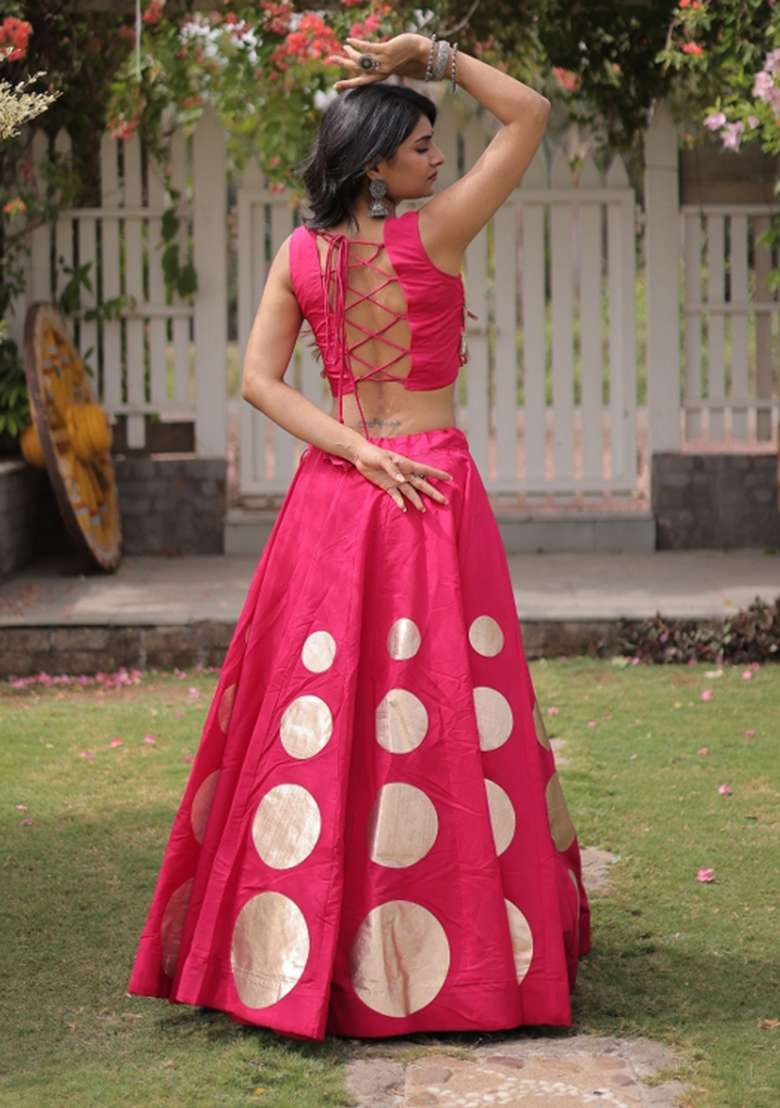 Pink Mirror Work Silk Chaniya Choli Set For Navratri And Garba - Indya