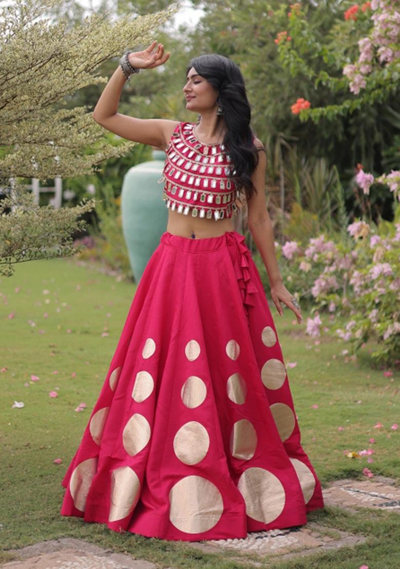 Pink Mirror Work Silk Lehenga Set - Indya