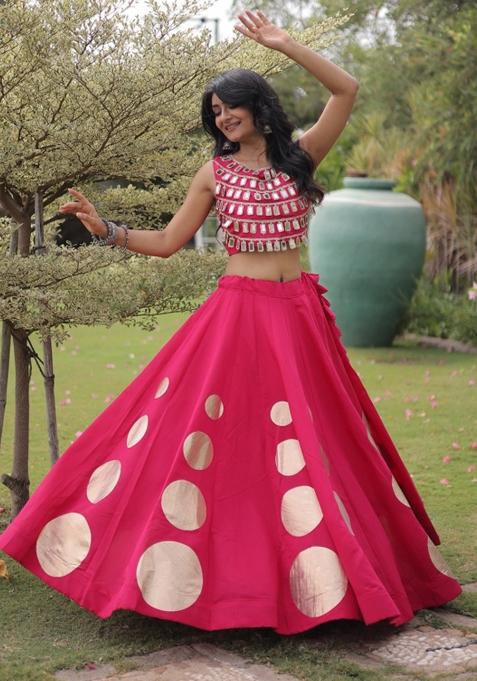 Pink Mirror Work Silk Chaniya Choli Set For Navratri And Garba