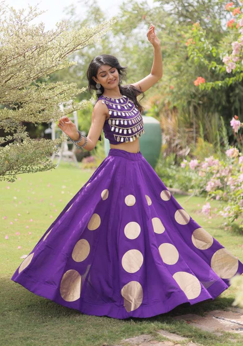 Purple Mirror Work Silk Chaniya Choli Set For Navratri And Garba - Indya