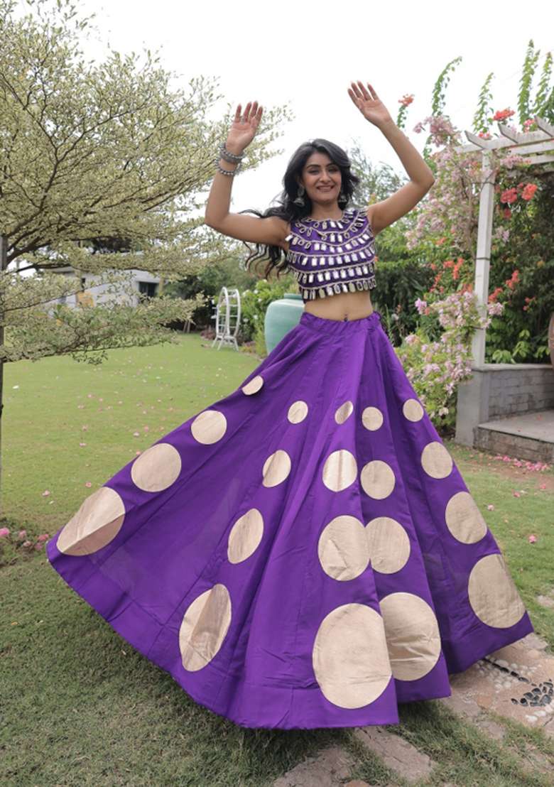 Purple Mirror Work Silk Chaniya Choli Set For Navratri And Garba - Indya