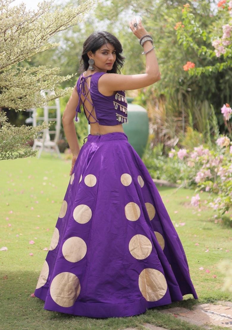 Purple Mirror Work Silk Lehenga Set - Indya