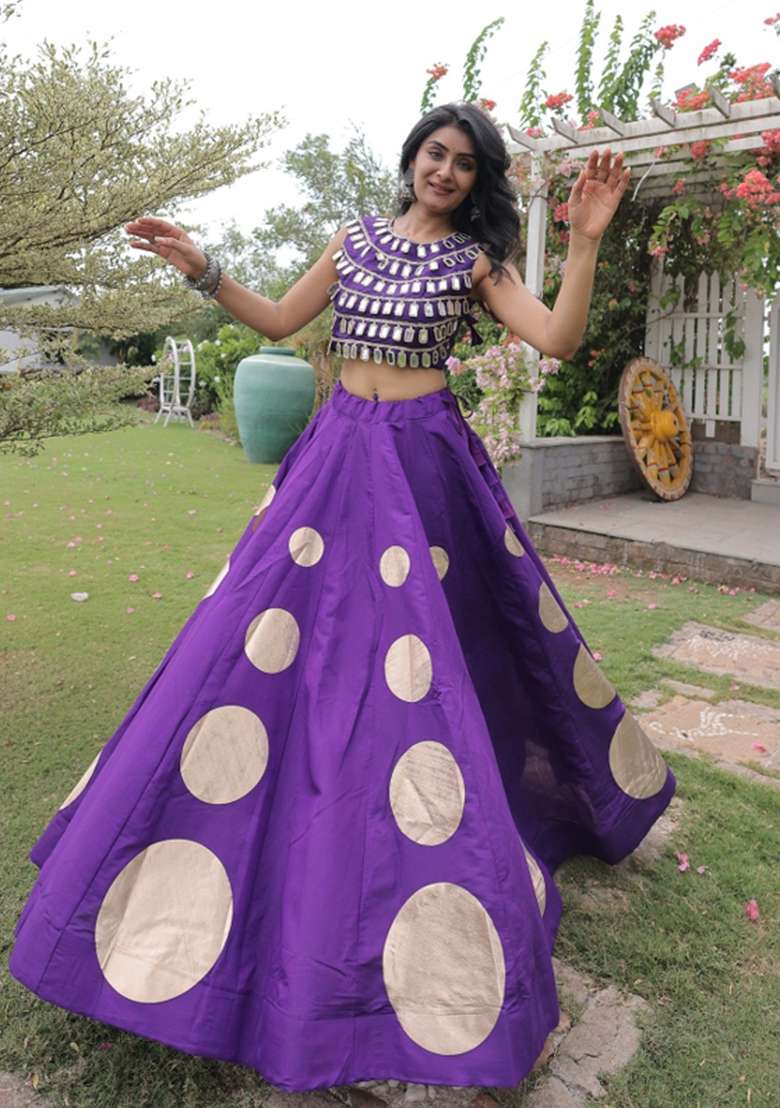 Purple Mirror Work Silk Chaniya Choli Set For Navratri And Garba - Indya