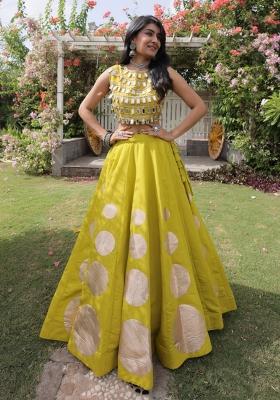 Olive Green Mirror Work Silk Lehenga Set