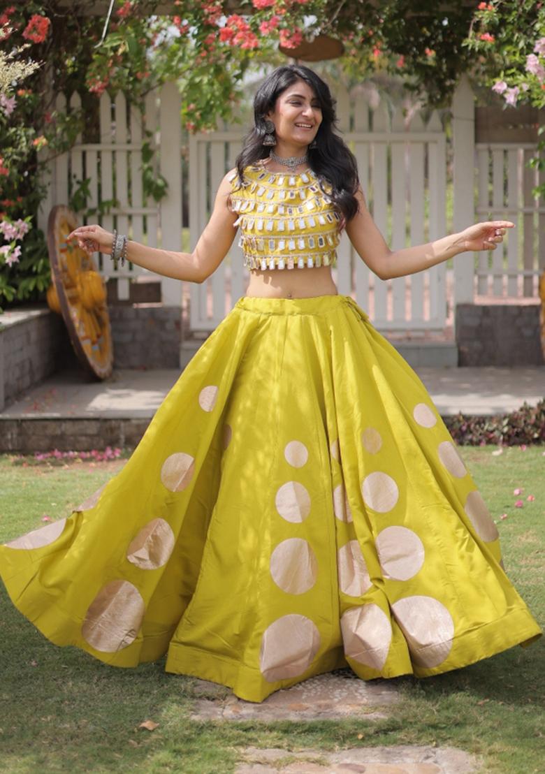 Olive Green Mirror Work Silk Lehenga Set - Indya