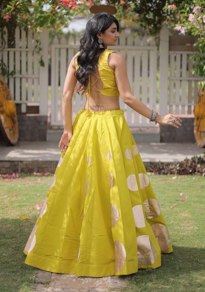 Olive Green Mirror Work Silk Chaniya Choli Set For Navratri And Garba - Indya