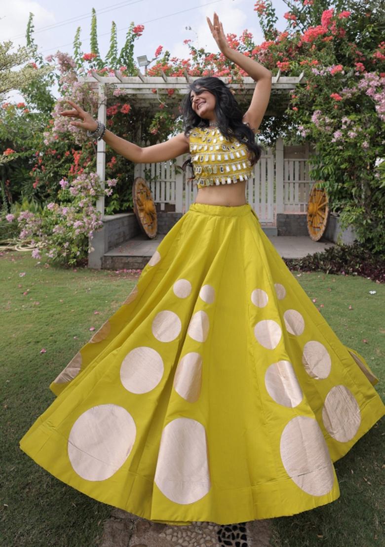 Olive Green Mirror Work Silk Lehenga Set - Indya