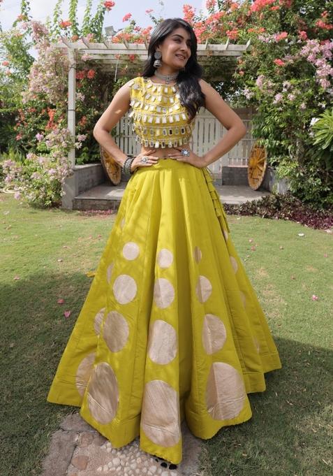 Olive Green Mirror Work Silk Lehenga Set