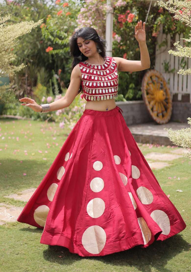 Maroon Mirror Work Silk Chaniya Choli Set For Navratri And Garba - Indya
