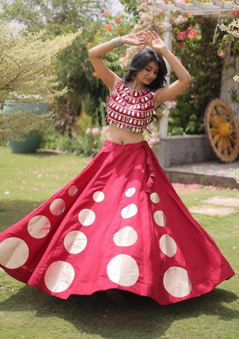 Maroon Mirror Work Silk Lehenga Set - Indya