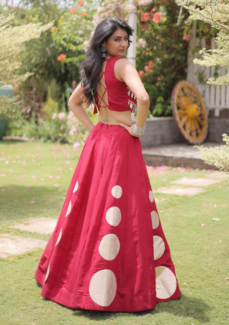 Maroon Mirror Work Silk Chaniya Choli Set For Navratri And Garba - Indya