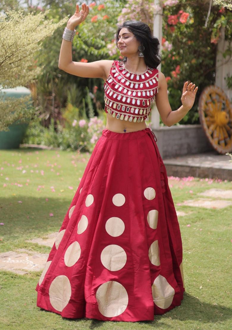 Maroon Mirror Work Silk Lehenga Set - Indya