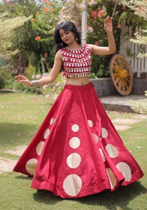 Maroon Mirror Work Silk Chaniya Choli Set For Navratri And Garba