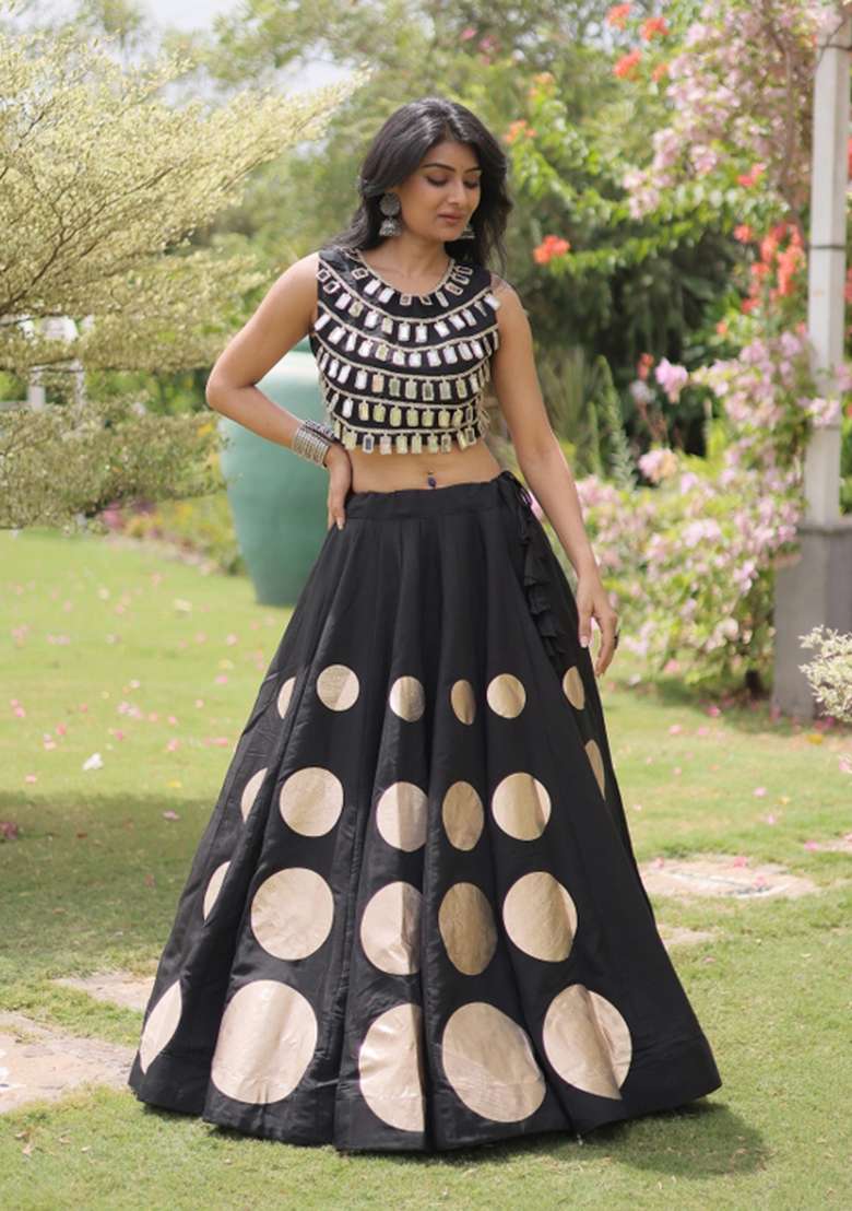 Black Mirror Work Silk Chaniya Choli Set For Navratri And Garba - Indya
