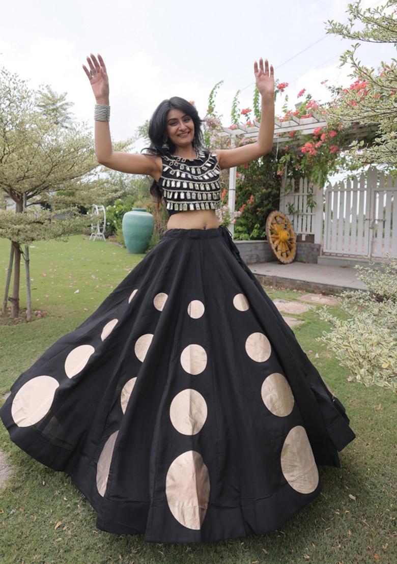 Black Mirror Work Silk Lehenga Set - Indya