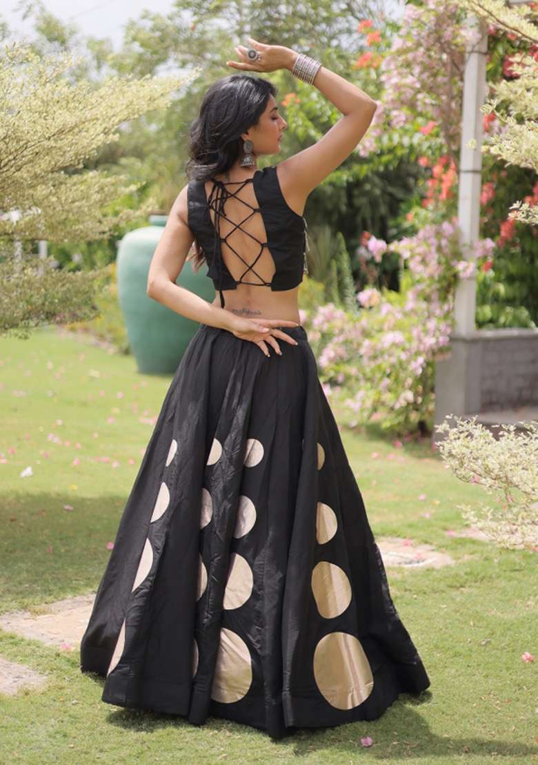 Black Mirror Work Silk Chaniya Choli Set For Navratri And Garba - Indya