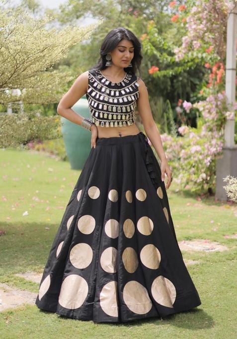 Black Mirror Work Silk Chaniya Choli Set For Navratri And Garba