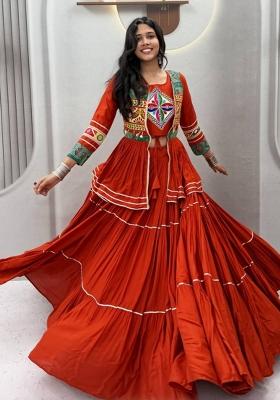 Rust Orange Gamthi Work Cotton Lehenga Set