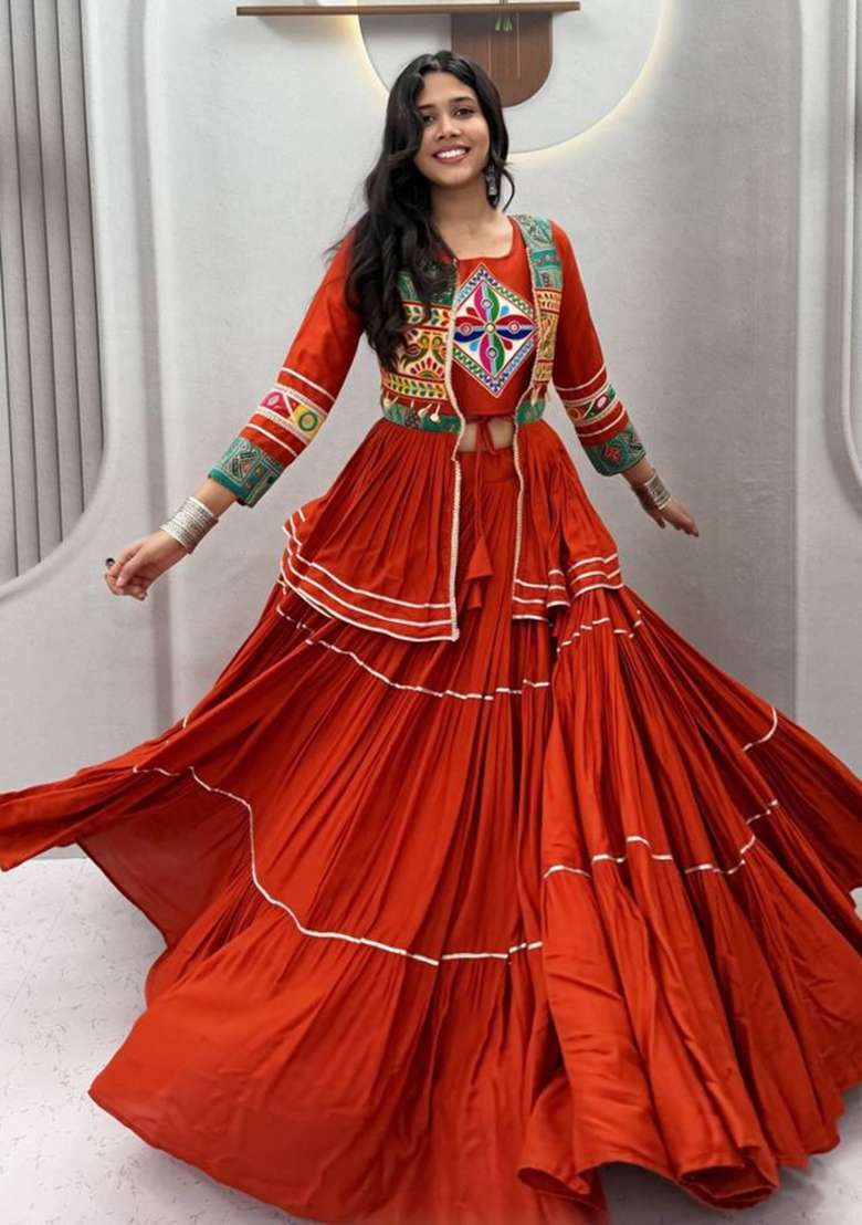 Rust Orange Gamthi Work Cotton Chaniya Choli Set For Navratri And Garba - Indya