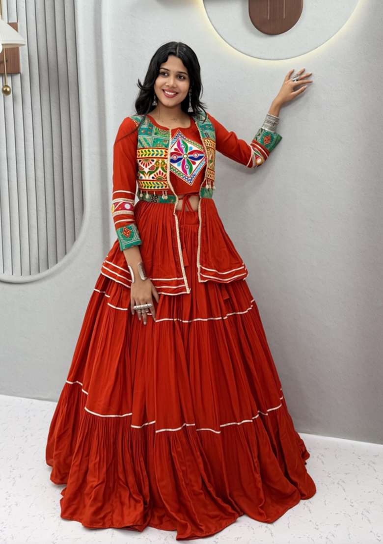 Rust Orange Gamthi Work Cotton Chaniya Choli Set For Navratri And Garba - Indya