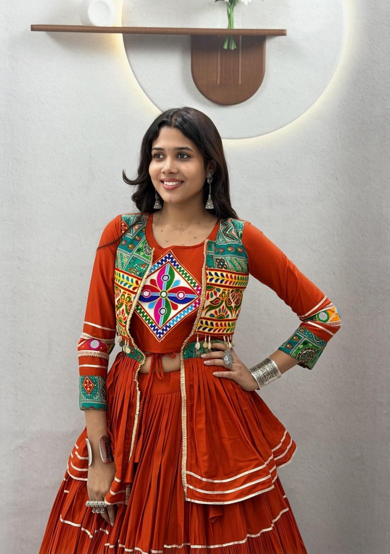 Rust Orange Gamthi Work Cotton Lehenga Set - Indya