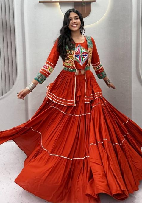 Rust Orange Gamthi Work Cotton Chaniya Choli Set For Navratri And Garba