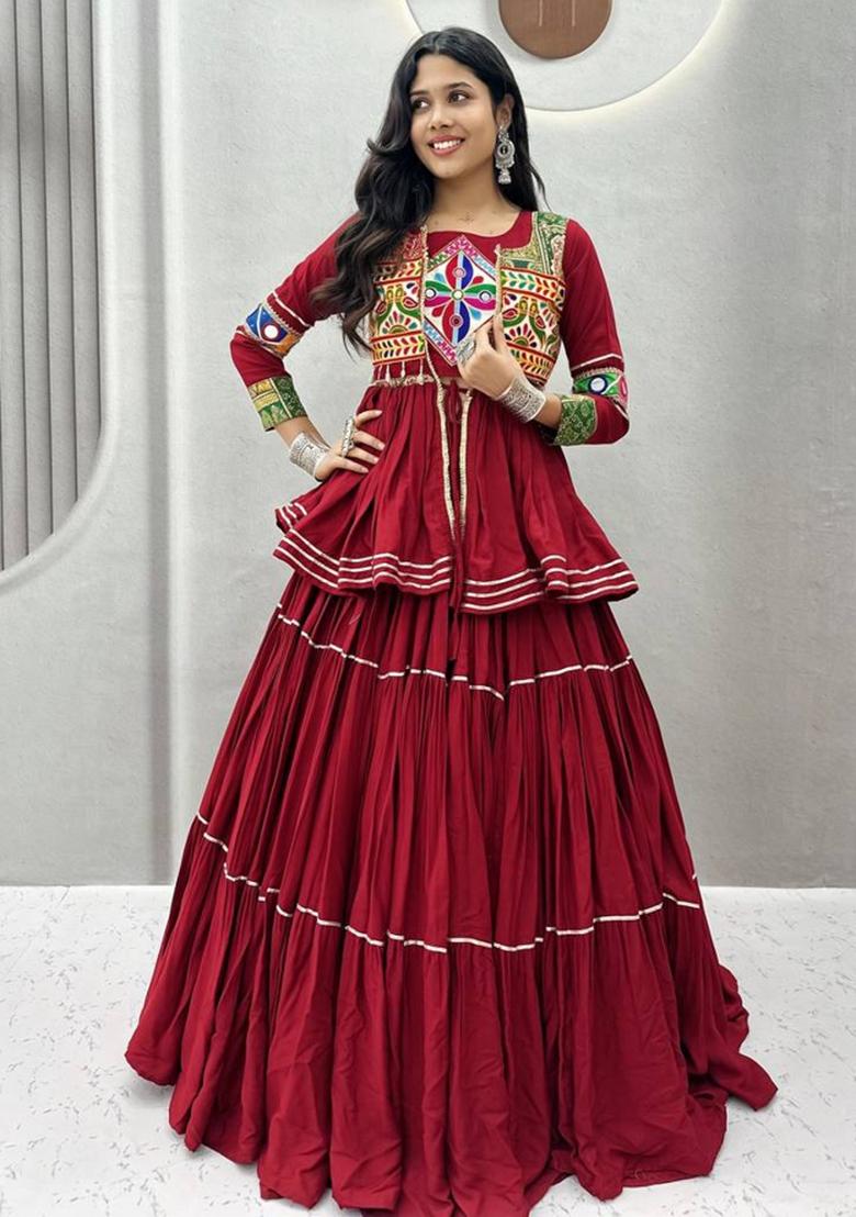 Maroon Gamthi Work Cotton Lehenga Set - Indya
