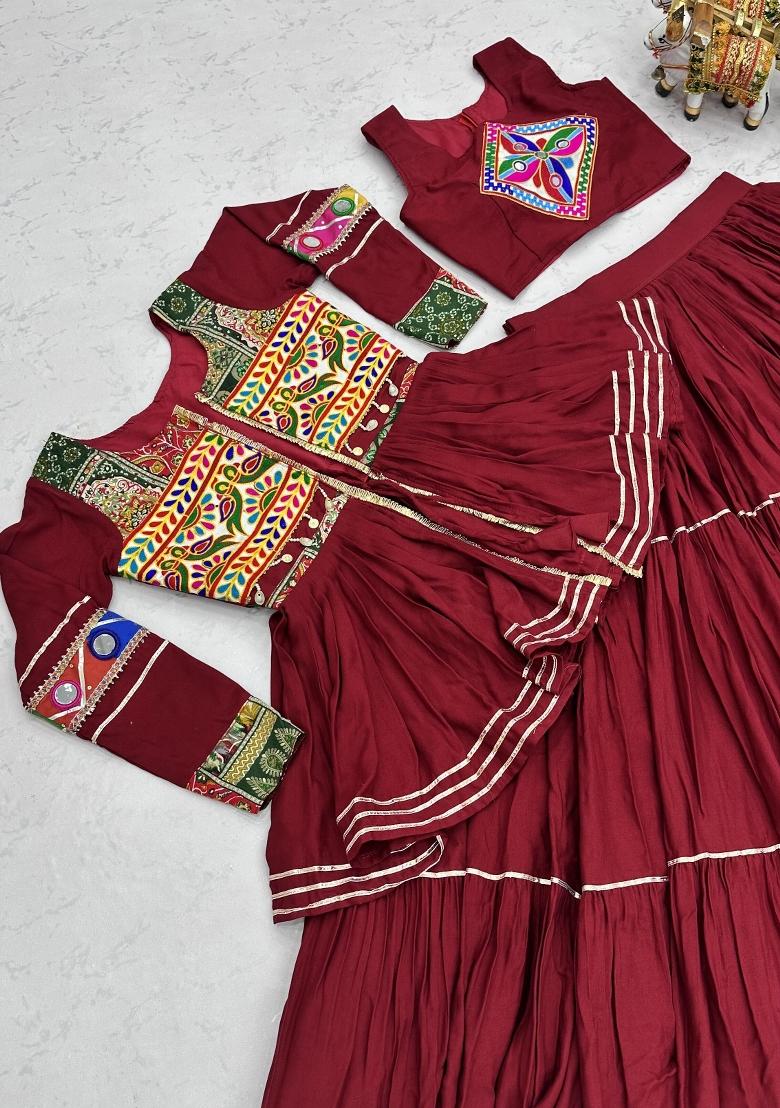 Maroon Gamthi Work Cotton Lehenga Set - Indya