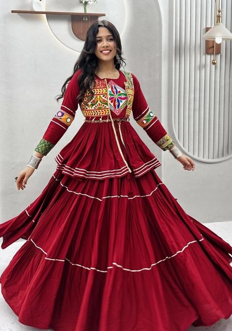 Maroon Gamthi Work Cotton Chaniya Choli Set For Navratri And Garba