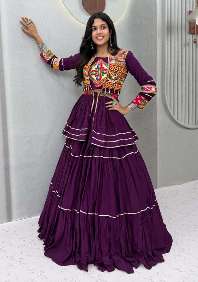 Purple Gamthi Work Cotton Chaniya Choli Set For Navratri And Garba - Indya