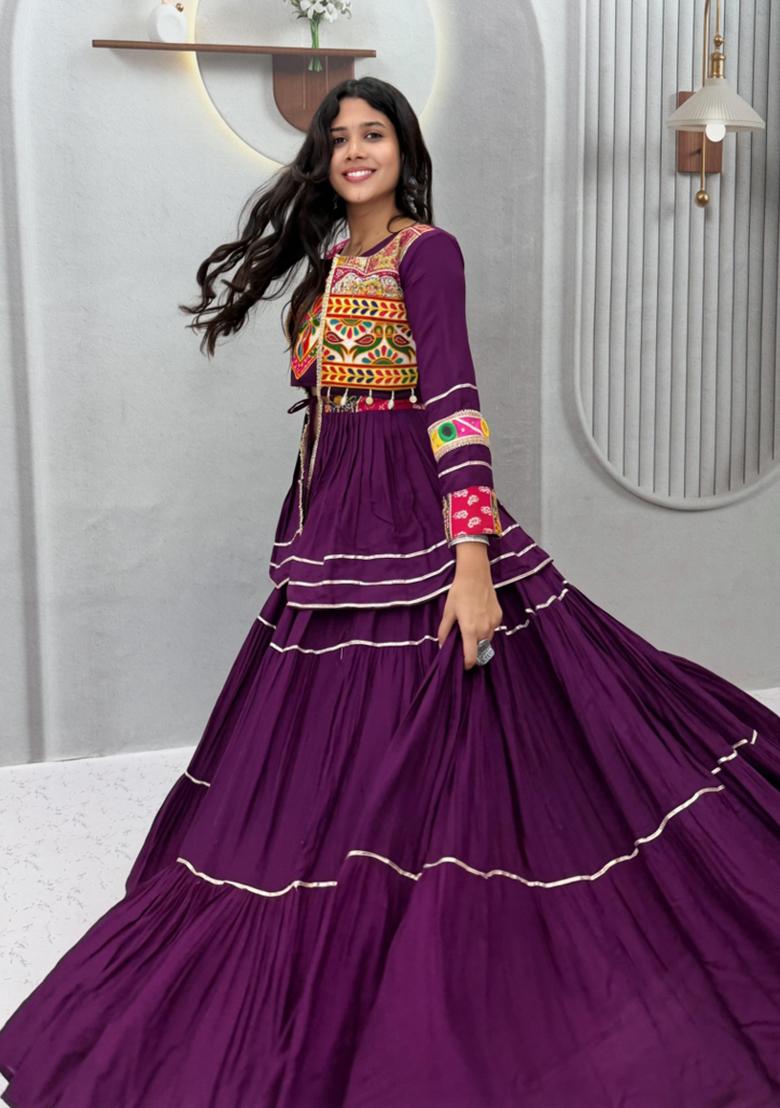 Purple Gamthi Work Cotton Lehenga Set - Indya