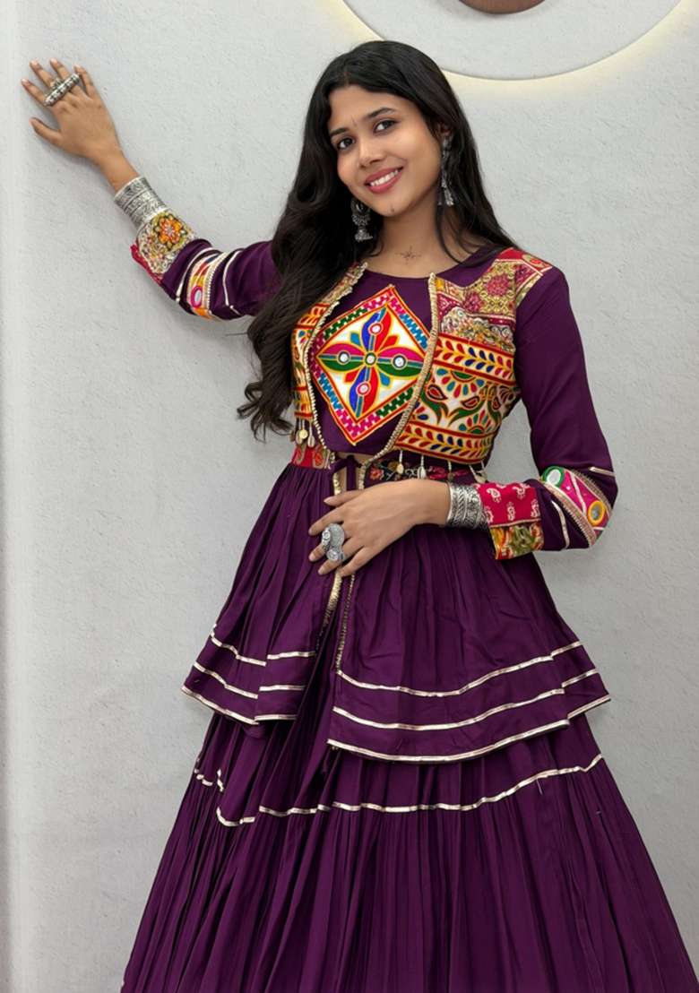 Purple Gamthi Work Cotton Chaniya Choli Set For Navratri And Garba - Indya