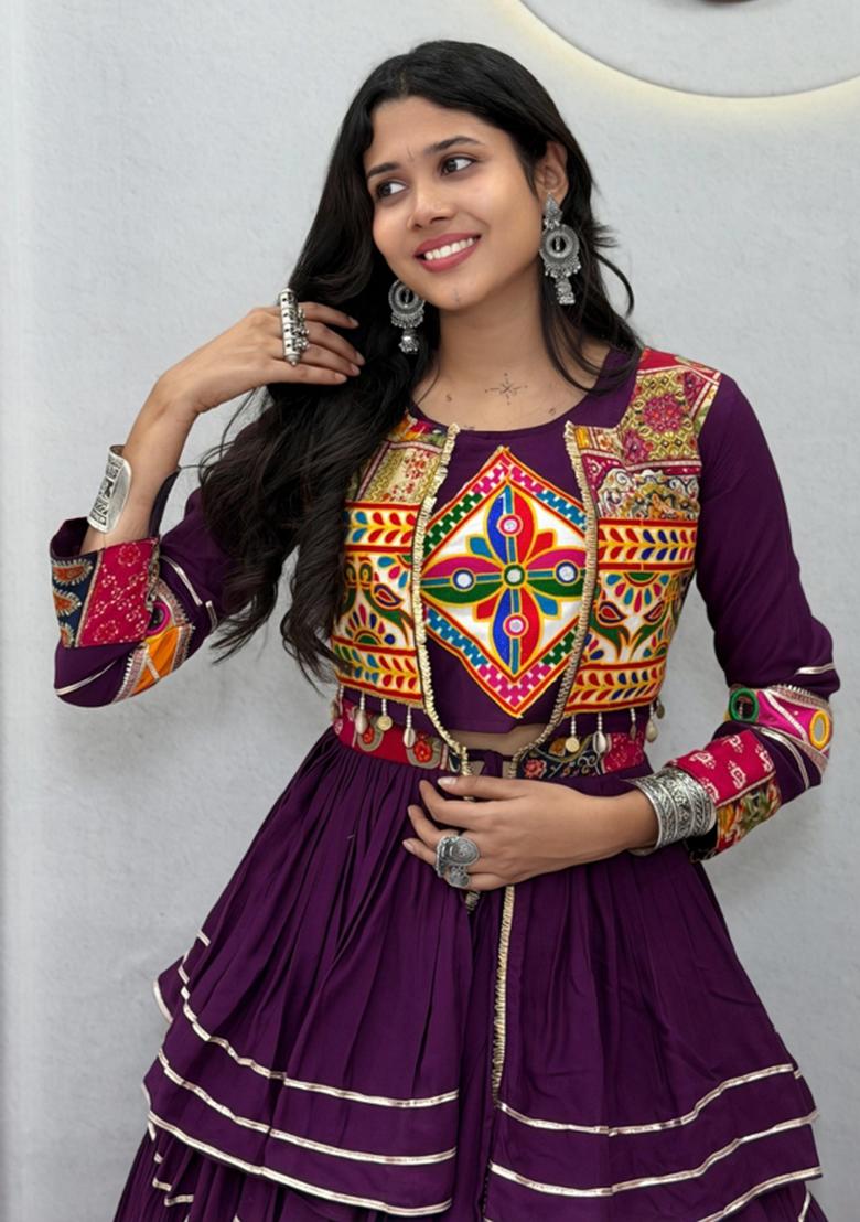 Purple Gamthi Work Cotton Lehenga Set - Indya