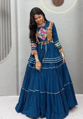 Blue Gamthi Work Cotton Lehenga Set