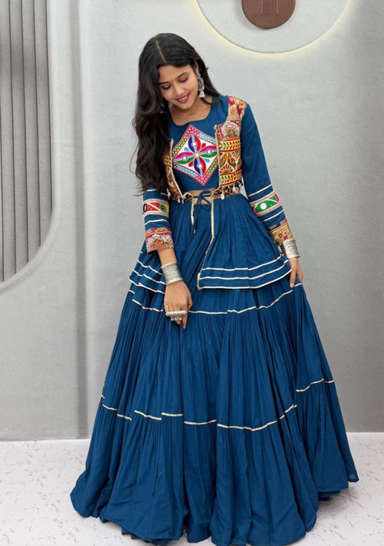 Blue Gamthi Work Cotton Chaniya Choli Set For Navratri And Garba - Indya