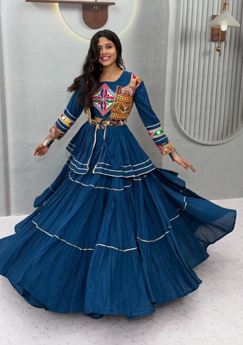 Blue Gamthi Work Cotton Lehenga Set - Indya