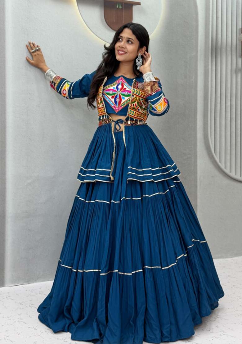 Blue Gamthi Work Cotton Chaniya Choli Set For Navratri And Garba - Indya