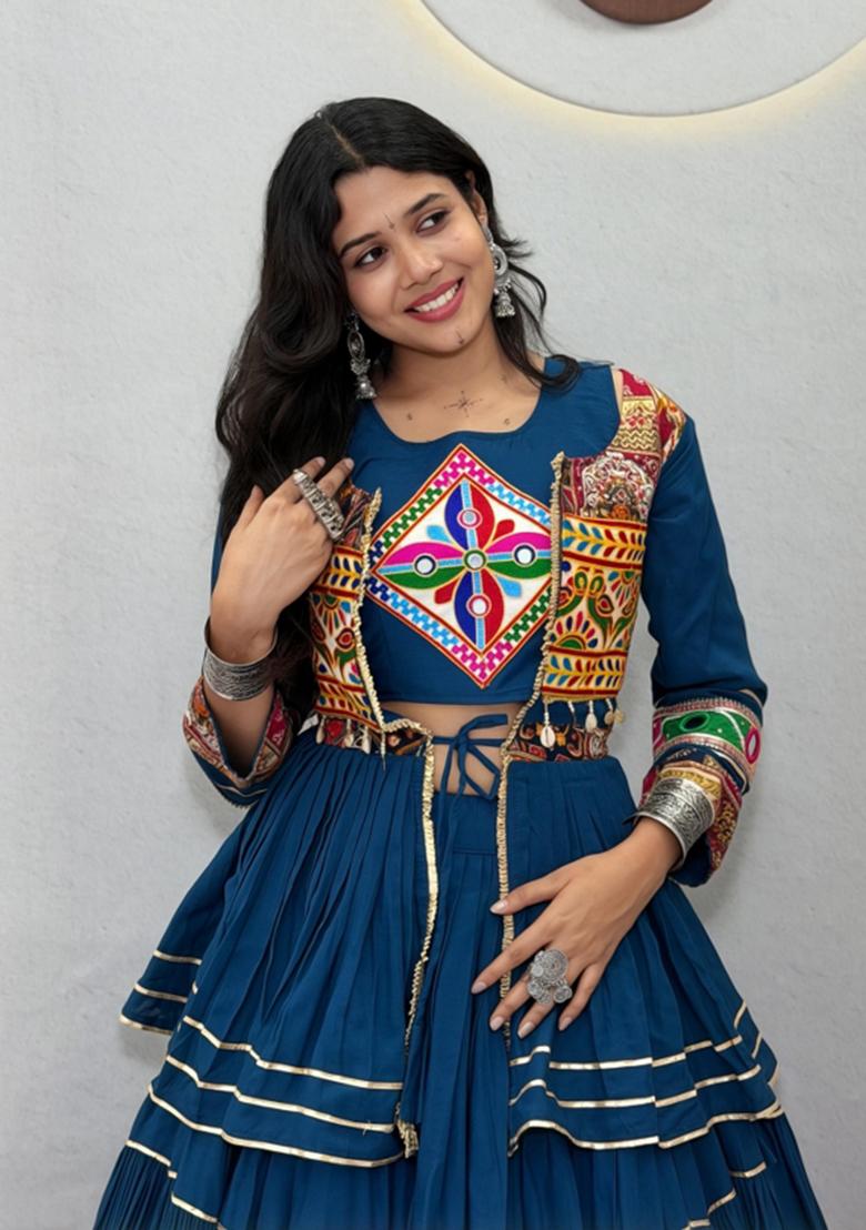 Blue Gamthi Work Cotton Lehenga Set - Indya