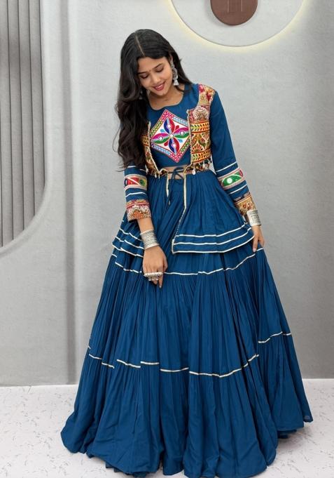 Blue Gamthi Work Cotton Chaniya Choli Set For Navratri And Garba