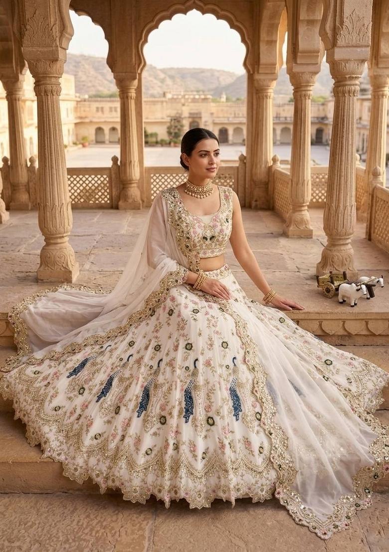 White Sequin Work Georgette Lehenga Set - Indya