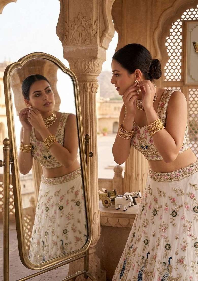 White Sequin Work Georgette Lehenga Set for Diwali and Festive Wear - Indya