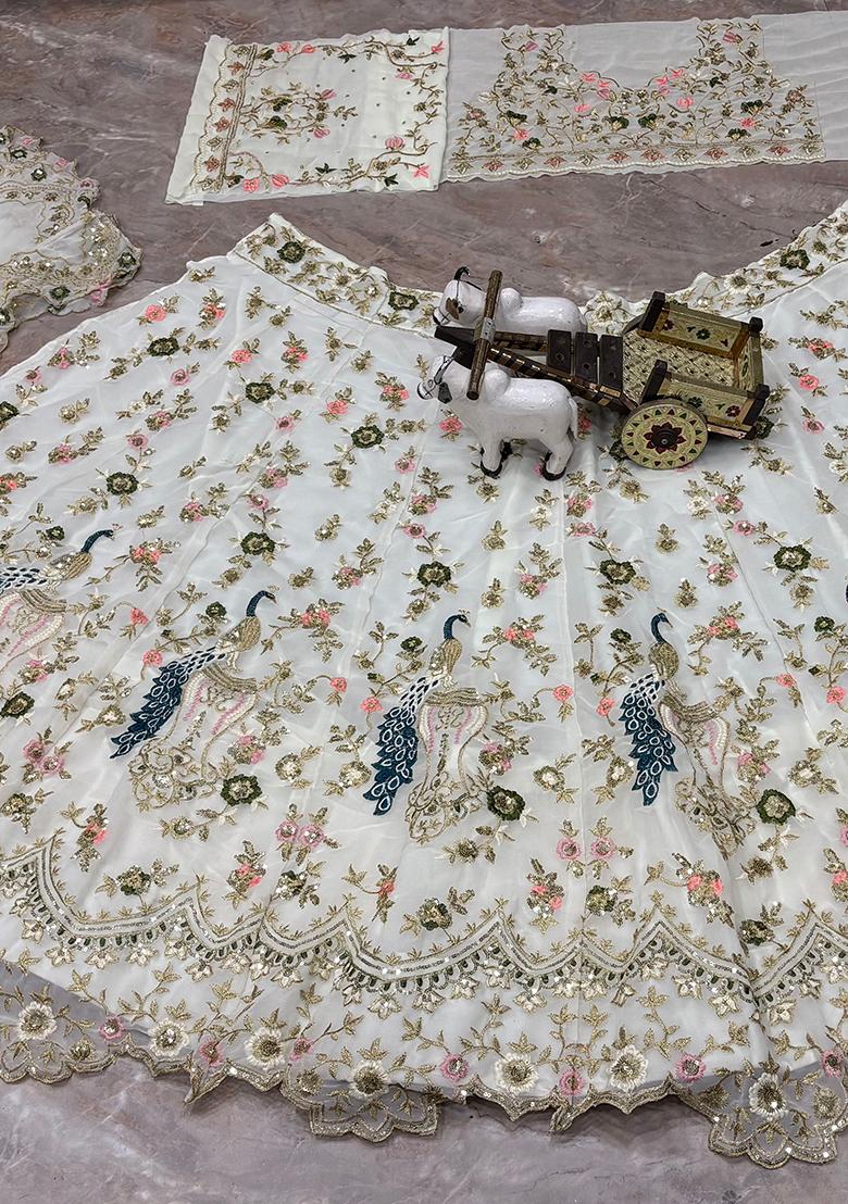 White Sequin Work Georgette Lehenga Set - Indya